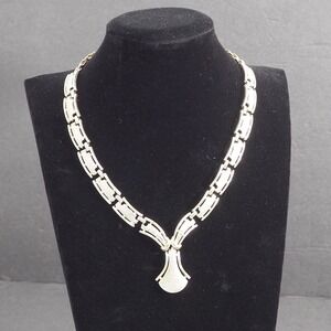 Coro Necklace Silver Tone Link Chain Textured Drop Pendant Statement Vintage MCM
